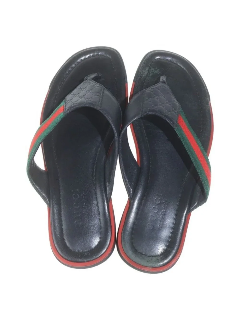 Gucci Guccissima Sherry Web Line Flat Leather Sandals Shoes Black